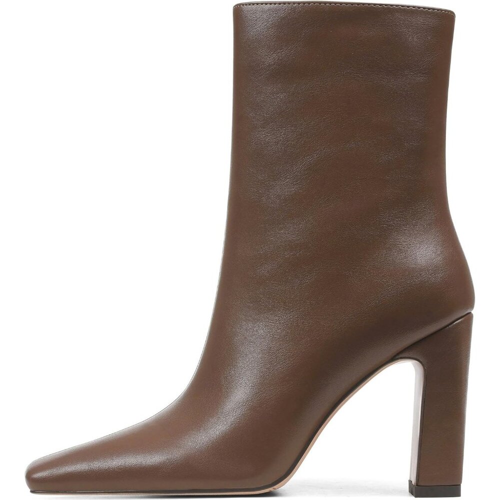 Women's Brown Chunky Heel Square Toe Heeled Boots with Zipper Comfort